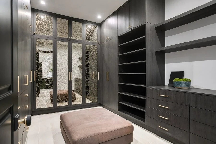 Custom Closet &mdash; Lacquer cabinetry and open shelving, built to fit.